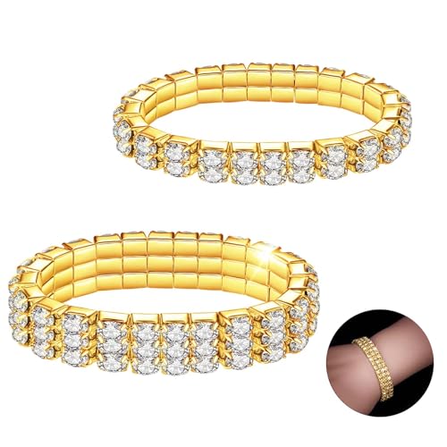 Kucheed 2 Stück Stretch Armbänder mit Strasssteinen, Twinkle Diamant Tennis Armreif, Bling Stapelbares Brautarmband aus Kristall, Glänzendes Hochzeits Party Armband für Frauen von Kucheed
