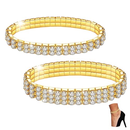 Kucheed 2 Stücke Funkeln Diamant Fußkettchen für Frauen, Elastischer Kristall Silber-Ton Funkelnde Charm Fuß Schmuck Armreif,Bling Glänzende Strass Braut Tennis Armband Geschenk (A1) von Kucheed