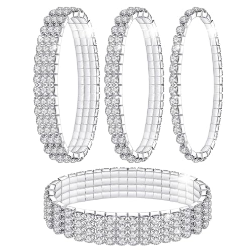 Kucheed 4 Stück Stretch Armbänder mit Strasssteinen, Twinkle Diamant Tennis Armreif, Bling Stapelbares Brautarmband aus Kristall, Glänzendes Hochzeits Party Armband für Frauen V von Kucheed