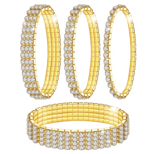 Kucheed 4 Stück Stretch Armbänder mit Strasssteinen, Twinkle Diamant Tennis Armreif, Bling Stapelbares Brautarmband aus Kristall, Glänzendes Hochzeits Party Armband für Frauen von Kucheed