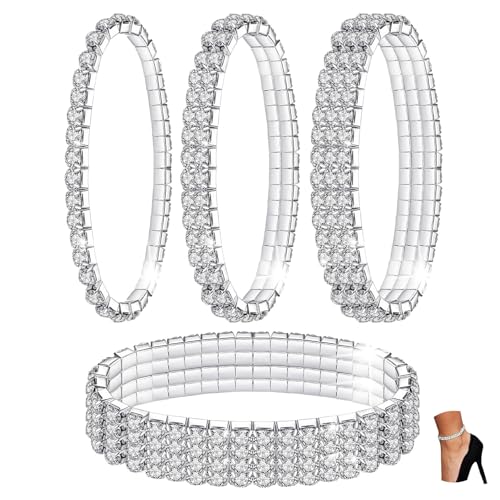 Kucheed 4 Stücke Funkeln Diamant Fußkettchen für Frauen, Elastischer Kristall Silber-Ton Funkelnde Charm Fuß Schmuck Armreif,Bling Glänzende Strass Braut Tennis Armband Geschenk (A2) von Kucheed