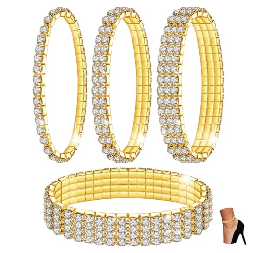 Kucheed 4 Stücke Funkeln Diamant Fußkettchen für Frauen, Elastischer Kristall Silber-Ton Funkelnde Charm Fuß Schmuck Armreif,Bling Glänzende Strass Braut Tennis Armband Geschenk (A2) von Kucheed
