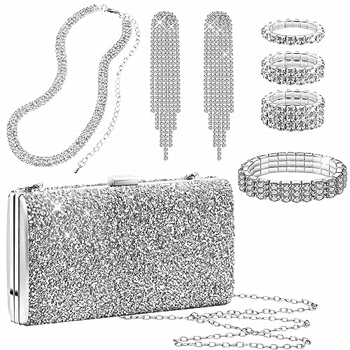 5 Stück Silberne Portemonnaie Schmucksets für Damen, Kucheed Glitzer Abend Kupplung,Strass Halsband,Halskette,Armband,Kristall Baumeln Geldbörse mit Fransenohrringen für Die Hochzeitsfeier (A) von Kucheed