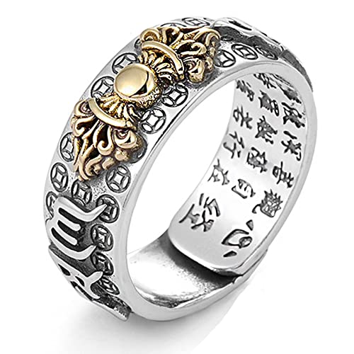 Feng Shui PiXiu Mantra Ring,Kucheed Silberne Buddhistische Glücks Fingerringe,MANI Amulett Mantra Schmuck,Doppelter Schutz Reichtum Liebe Gesundheit Band,Jahrgang Verstellbare Ringe Geschenk (G) von Kucheed