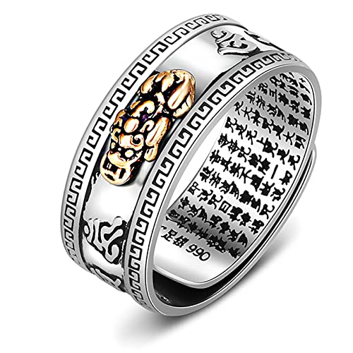 Feng Shui PiXiu Mantra Ring,Kucheed Silberne Buddhistische Glücks Fingerringe,MANI Amulett Mantra Schmuck,Doppelter Schutz Reichtum Liebe Gesundheit Band,Jahrgang Verstellbare Ringe Geschenk (I) von Kucheed