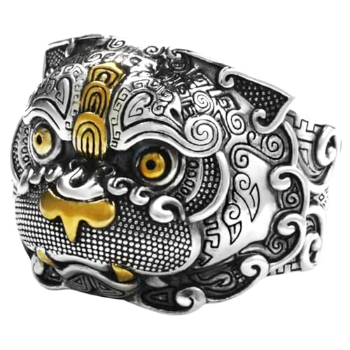 Kucheed Feng Shui PiXiu Mantra Ring, Silberne Buddhistische Glücks Fingerringe,MANI Amulett Mantra Schmuck,Doppelter Schutz Reichtum Liebe Gesundheit Band,Jahrgang Verstellbare Ringe Geschenk (L) von Kucheed