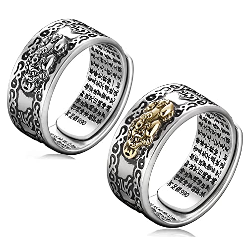 Feng Shui PiXiu Ring,Kucheed Verstellbare Mantra-Fingerringe für Männer und Frauen,Graviertes Sutra MANI Amulett Doppelter Schutz Reichtum Liebe Wohlstand,Buddha Band Schmuck Geschenk (2Stk-A) von Kucheed