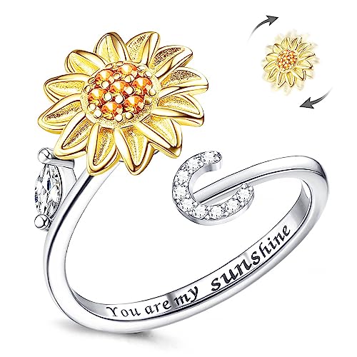 Fidget Ring Für Frauen, Kucheed Sonnenblume, Größenverstellbarer Spinner-Ring, Silber Stapelbar Anti-Stress-Buchstabe Fingerkreis, Graviert 'You Are My Sunshine' Im Inneren Des Schmucks(C) von Kucheed