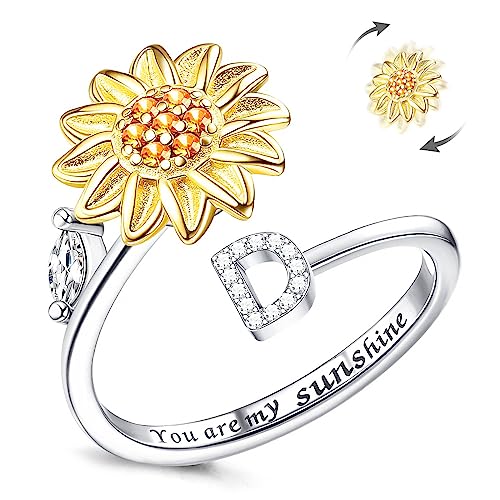 Fidget Ring Für Frauen, Kucheed Sonnenblume, Größenverstellbarer Spinner-Ring, Silber Stapelbar Anti-Stress-Buchstabe Fingerkreis, Graviert 'You Are My Sunshine' Im Inneren Des Schmucks(D) von Kucheed