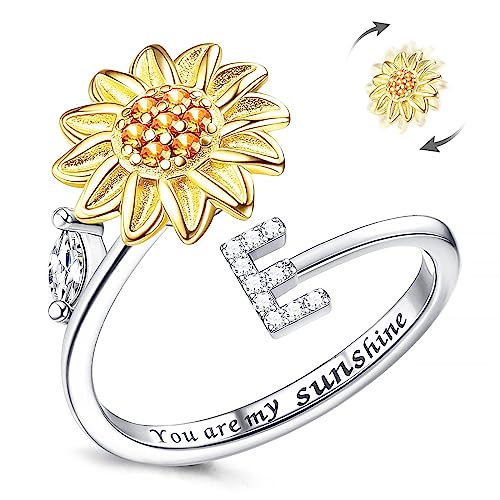 Kucheed Fidget Ring Für Frauen, Sonnenblume, Größenverstellbarer Spinner-Ring, Silber Stapelbar Anti-Stress-Buchstabe Fingerkreis, Graviert 'You Are My Sunshine' Im Inneren Des Schmucks(E) von Kucheed