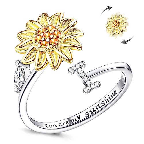 Kucheed Fidget Ring Für Frauen, Sonnenblume, Größenverstellbarer Spinner-Ring, Silber Stapelbar Anti-Stress-Buchstabe Fingerkreis, Graviert 'You Are My Sunshine' Im Inneren des Schmucks(I) von Kucheed