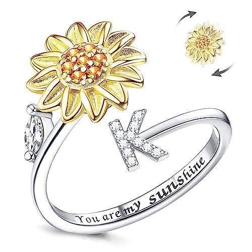 Fidget Ring Für Frauen, Kucheed Sonnenblume, Größenverstellbarer Spinner-Ring, Silber Stapelbar Anti-Stress-Buchstabe Fingerkreis, Graviert 'You Are My Sunshine' Im Inneren Des Schmucks(K) von Kucheed