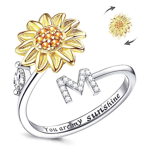 Fidget Ring Für Frauen, Kucheed Sonnenblume, Größenverstellbarer Spinner-Ring, Silber Stapelbar Anti-Stress-Buchstabe Fingerkreis, Graviert 'You Are My Sunshine' Im Inneren Des Schmucks(M) von Kucheed