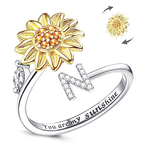 Fidget Ring Für Frauen, Kucheed Sonnenblume, Größenverstellbarer Spinner-Ring, Silber Stapelbar Anti-Stress-Buchstabe Fingerkreis, Graviert 'You Are My Sunshine' Im Inneren Des Schmucks(N) von Kucheed