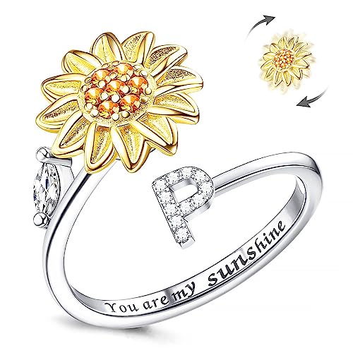 Kucheed Fidget Ring Für Frauen, Sonnenblume, Größenverstellbarer Spinner-Ring, Silber Stapelbar Anti-Stress-Buchstabe Fingerkreis, Graviert 'You Are My Sunshine' Im Inneren Des Schmucks(P) von Kucheed