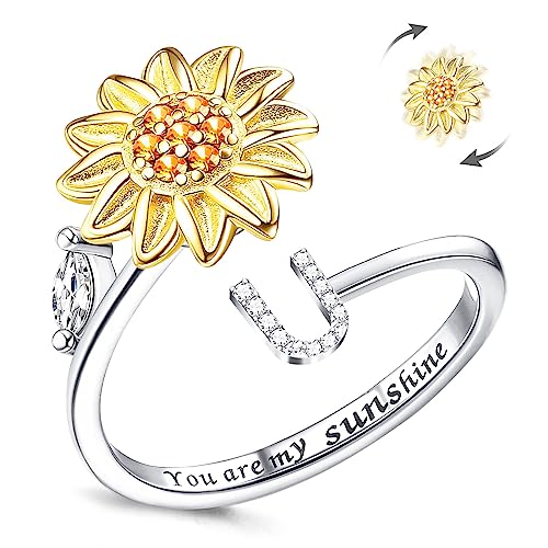 Kucheed Fidget Ring Für Frauen, Sonnenblume, Größenverstellbarer Spinner-Ring, Silber Stapelbar Anti-Stress-Buchstabe Fingerkreis, Graviert 'You Are My Sunshine' Im Inneren des Schmucks(U) von Kucheed