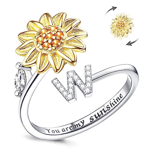 Kucheed Fidget Ring Für Frauen, Sonnenblume, Größenverstellbarer Spinner-Ring, Silber Stapelbar Anti-Stress-Buchstabe Fingerkreis, Graviert 'You Are My Sunshine' Im Inneren Des Schmucks(W) von Kucheed