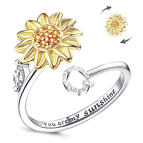 Kucheed Fidget Ring Für Frauen, Sonnenblume, Größenverstellbarer Spinner-Ring, Silber Stapelbar Anti-Stress-Buchstabe Fingerkreis, Graviert 'You Are My Sunshine' Im Inneren Des Schmucks(Q) von Kucheed