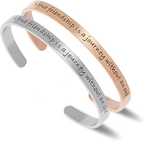 Kucheed Inspirierende Armreifen, Edelstahlarmreif mit personalisiertem Positivem Mantra-Zitat, A True Friendship is a Journey Without an End, Verstellbare Armbänder, Motivierende Schmuckgeschenke (C) von Kucheed