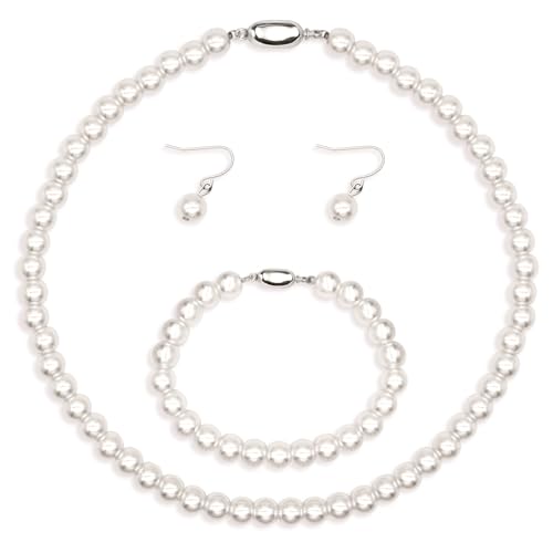 Kucheed Schmuckset mit Kunstperlen, Kunstperlen Halskette, Armband und Ohrringe, 3 Teilig Brautschmuck, Hochzeitsgeschenk für Frauen(Weiß) von Kucheed