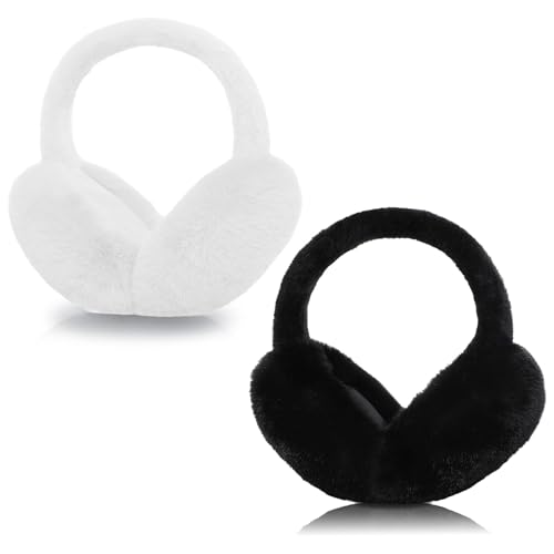 Kuchisity 2er-Pack Winter Ohrenwärmer Damen, Faltbare Ohrenschützer Plüsch Winter Earmuffs Ear Warmer Für Damen Frauen (Weiß+Schwarz) von Kuchisity
