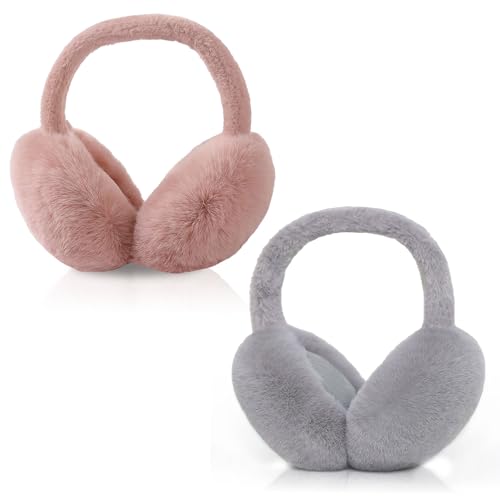 Kuchisity 2er-Pack Winter Ohrenwärmer Damen, Faltbare Ohrenschützer Plüsch Winter Earmuffs Ear Warmer Für Damen Frauen (Bohnenpaste Rosa+Grau) von Kuchisity