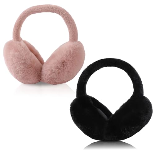 Kuchisity 2er-Pack Winter Ohrenwärmer Damen, Faltbare Verstellbarer Ohrenschützer Plüsch Winter Earmuffs Ear Warmer Für Damen Frauen (Bohnenpaste Rosa+Schwarz) von Kuchisity
