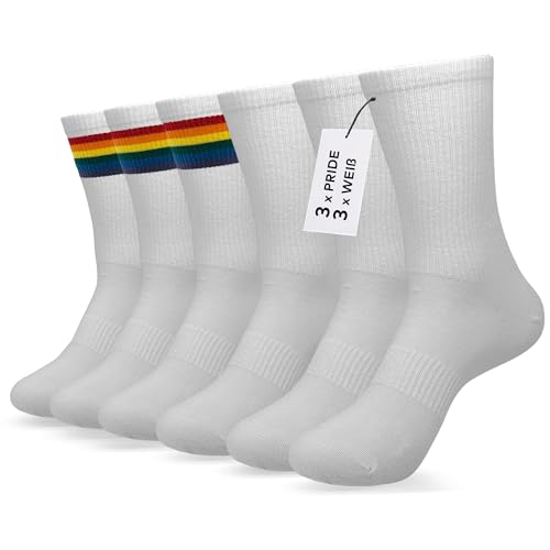 Kudoberg Unisex Hochwertige SportSocken | 85% Baumwolle | Alltag, Tennissocken, Laufsocken | Atmungsaktives Gewebe, Seidig Weich | Mehrfarbig Socken (41-46, Weiß und Regenbogen Tennissocken, 6 Paar) von Kudoberg