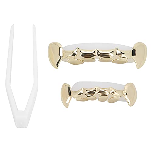Vergoldete Grillz, Zahnspange Dekoration, Halloween Zähne mit 2 Silikonformleisten Verschiedene 3 Farben Gefälschte Zahnspange für Halloween Partys/Hip Hop Fashion Shows/Musikkonzerte(Gold) von Kudoo