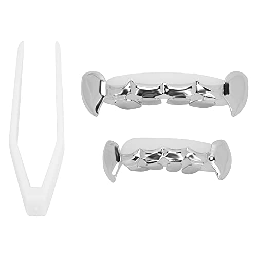Vergoldete Grillz, Zahnspange Dekoration, Halloween Zähne mit 2 Silikonformleisten Verschiedene 3 Farben Gefälschte Zahnspange für Halloween Partys/Hip Hop Fashion Shows/Musikkonzerte(Silber) von Kudoo