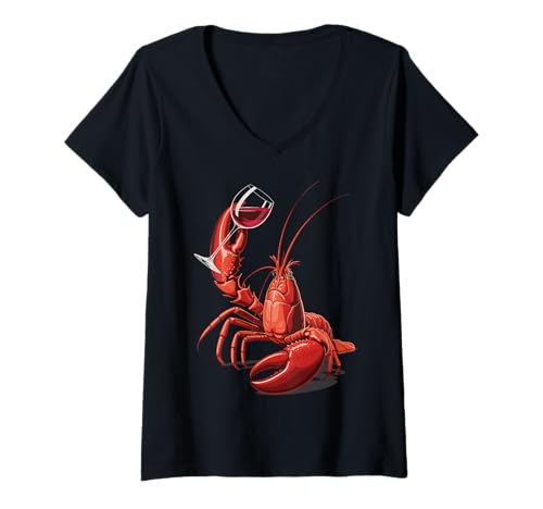 Damen Hummerwein Meeresfrüchte Rotwein T-Shirt mit V-Ausschnitt Damen Hummerwein Meeresfrüchte Rotwein T-Shirt mit V-Ausschnitt von Küchenchef Feinschmecker Gourmet Hummer