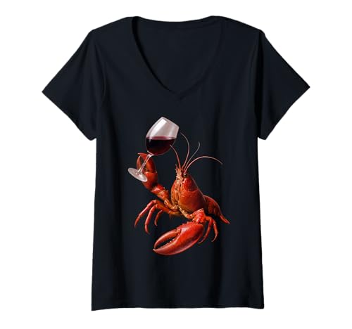 Damen Hummerwein Meeresfrüchte Rotwein T-Shirt mit V-Ausschnitt Damen Hummerwein Meeresfrüchte Rotwein T-Shirt mit V-Ausschnitt von Küchenchef Feinschmecker Gourmet Hummer