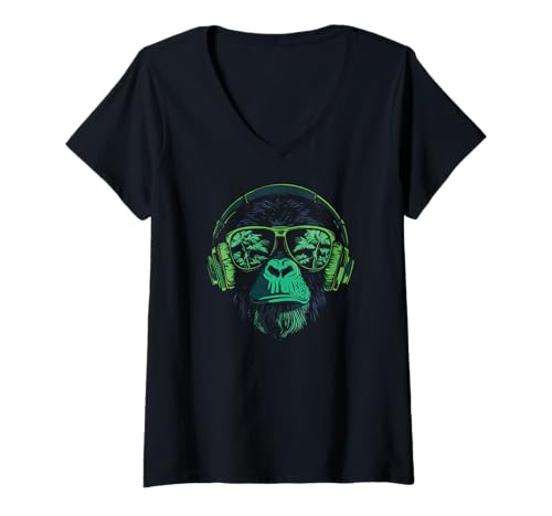 Damen Bunter AFFE Kopfhörer Vibrant Graffiti Buntes Kinder T-Shirt mit V-Ausschnitt Damen Bunter AFFE Kopfhörer Vibrant Graffiti Buntes Kinder T-Shirt mit V-Ausschnitt von Kühle Vibrierende Musik Affen Kopfhörer Kunst Affe