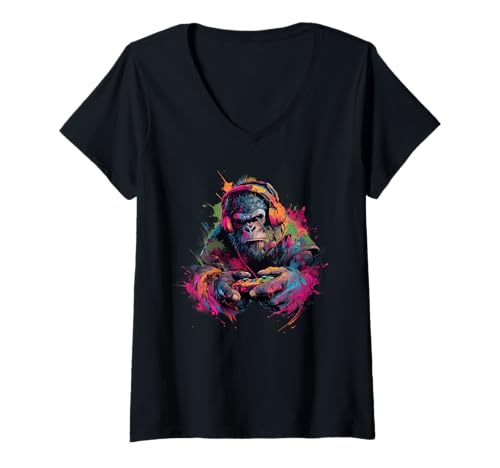 Damen Gaming AFFE mit Headset Konsolen Spieler Gamer T-Shirt mit V-Ausschnitt Damen Gaming AFFE mit Headset Konsolen Spieler Gamer T-Shirt mit V-Ausschnitt von Künstlerische Tiermotive für Gamer