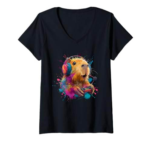 Damen Gaming Capybara Headset Konsolen Spieler Gamer T-Shirt mit V-Ausschnitt Damen Gaming Capybara Headset Konsolen Spieler Gamer T-Shirt mit V-Ausschnitt von Künstlerische Tiermotive für Gamer