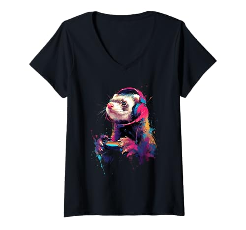Damen Gaming Frettchen Headset Konsolen Spieler Gamer T-Shirt mit V-Ausschnitt Damen Gaming Frettchen Headset Konsolen Spieler Gamer T-Shirt mit V-Ausschnitt von Künstlerische Tiermotive für Gamer