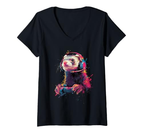 Damen Gaming Frettchen Headset Konsolen Spieler Gamer T-Shirt mit V-Ausschnitt Damen Gaming Frettchen Headset Konsolen Spieler Gamer T-Shirt mit V-Ausschnitt von Künstlerische Tiermotive für Gamer