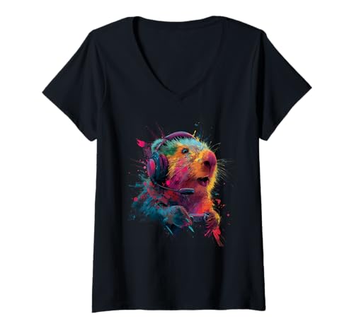 Damen Gaming Quokka Headset Konsolen Spieler Gamer T-Shirt mit V-Ausschnitt Damen Gaming Quokka Headset Konsolen Spieler Gamer T-Shirt mit V-Ausschnitt von Künstlerische Tiermotive für Gamer