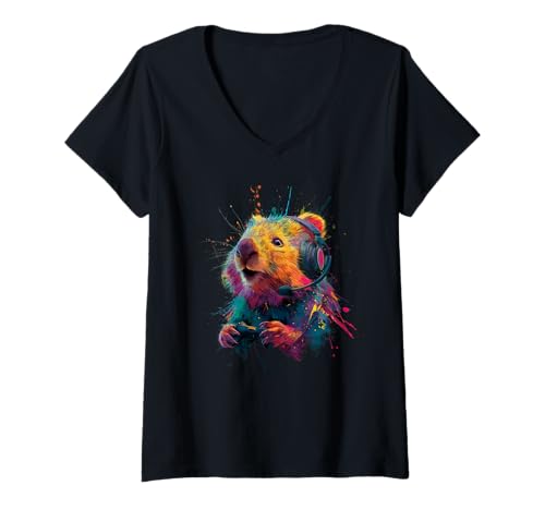 Damen Gaming Quokka Headset Konsolen Spieler Gamer T-Shirt mit V-Ausschnitt Damen Gaming Quokka Headset Konsolen Spieler Gamer T-Shirt mit V-Ausschnitt von Künstlerische Tiermotive für Gamer
