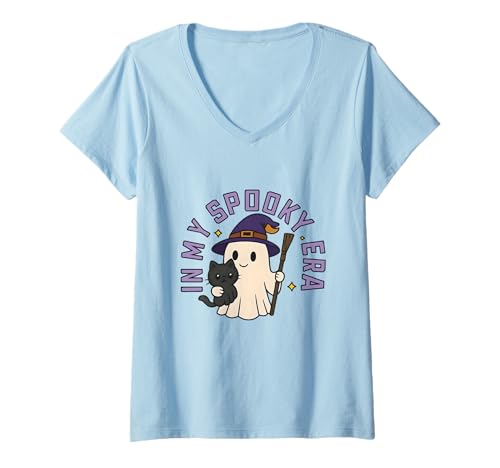 Damen Geist Halloween Geister Kostüm T-Shirt mit V-Ausschnitt Damen Geist Halloween Geister Kostüm T-Shirt mit V-Ausschnitt von Kürbis Karneval Verkleidung Geschenkidee