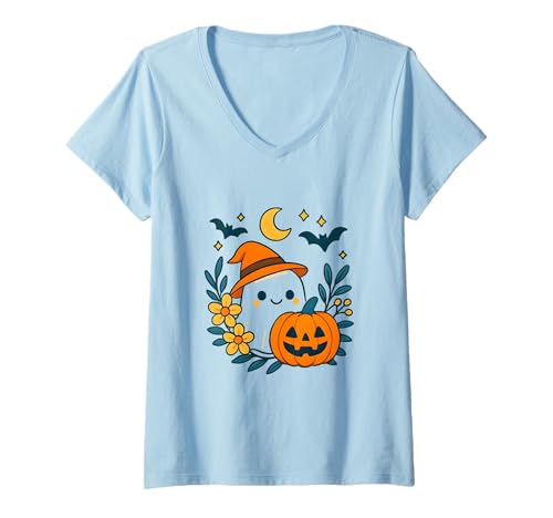 Damen Geist Halloween Kostüm T-Shirt mit V-Ausschnitt Damen Geist Halloween Kostüm T-Shirt mit V-Ausschnitt von Kürbis Karneval Verkleidung Geschenkidee