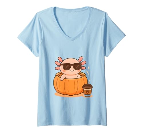 Damen Halloween Axolotl Kostüm T-Shirt mit V-Ausschnitt Damen Halloween Axolotl Kostüm T-Shirt mit V-Ausschnitt von Kürbis Karneval Verkleidung Geschenkidee