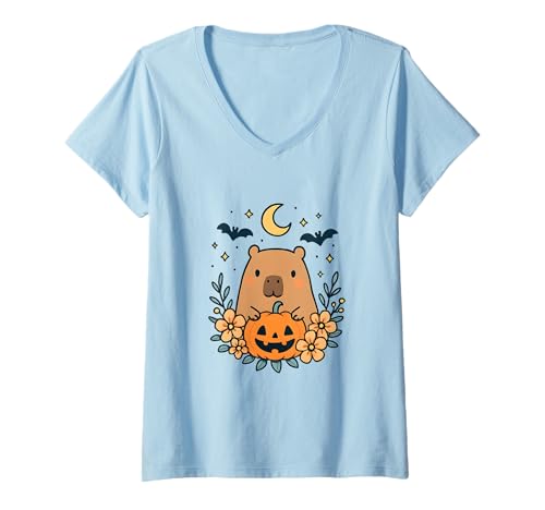 Damen Halloween Capybara Kostüm T-Shirt mit V-Ausschnitt Damen Halloween Capybara Kostüm T-Shirt mit V-Ausschnitt von Kürbis Karneval Verkleidung Geschenkidee