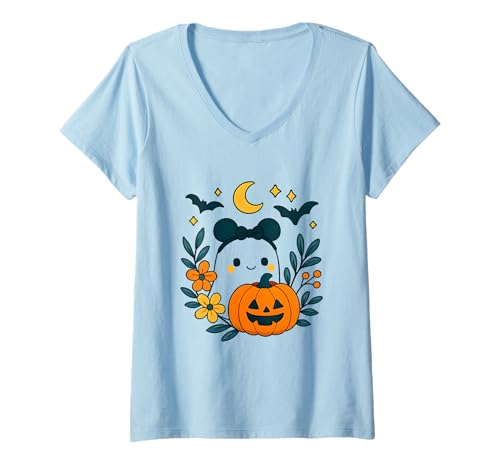 Damen Halloween Geist Kostüm T-Shirt mit V-Ausschnitt Damen Halloween Geist Kostüm T-Shirt mit V-Ausschnitt von Kürbis Karneval Verkleidung Geschenkidee