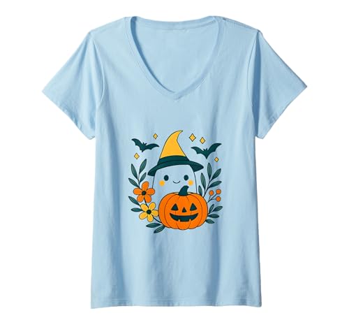 Damen Halloween Geister Kostüm Geist T-Shirt mit V-Ausschnitt Damen Halloween Geister Kostüm Geist T-Shirt mit V-Ausschnitt von Kürbis Karneval Verkleidung Geschenkidee