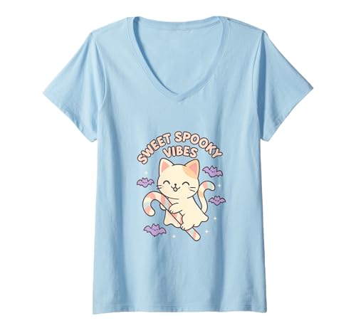 Damen Halloween Katze Kostüm T-Shirt mit V-Ausschnitt Damen Halloween Katze Kostüm T-Shirt mit V-Ausschnitt von Kürbis Karneval Verkleidung Geschenkidee