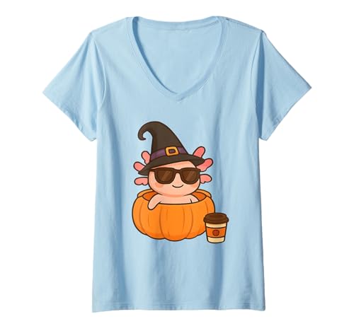 Damen Halloween Kostüm Axolotl T-Shirt mit V-Ausschnitt Damen Halloween Kostüm Axolotl T-Shirt mit V-Ausschnitt von Kürbis Karneval Verkleidung Geschenkidee
