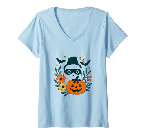 Damen Halloween Kostüm Geist T-Shirt mit V-Ausschnitt Damen Halloween Kostüm Geist T-Shirt mit V-Ausschnitt von Kürbis Karneval Verkleidung Geschenkidee