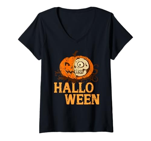 Damen Halb Schädel Kürbis Halloween Gesicht Witzig Gruselig T-Shirt mit V-Ausschnitt Damen Halb Schädel Kürbis Halloween Gesicht Witzig Gruselig T-Shirt mit V-Ausschnitt von Kürbis Schädel Horror Halloween Humor Fans