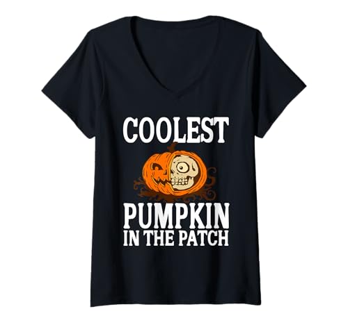 Damen Coolster Kürbis Skelett Lustiger Halloween Spaß T-Shirt mit V-Ausschnitt von Kürbis Schädel Lacher Spuk Saison Stimmung